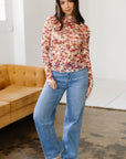 Floral Mesh Lettuce Trim Long Sleeve Top
