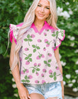 Stripe Strawberry Patchwork Flutter Sleeve V-Neck Blouse
