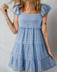 Floral Square Neck Smocked Tiered Mini Dress