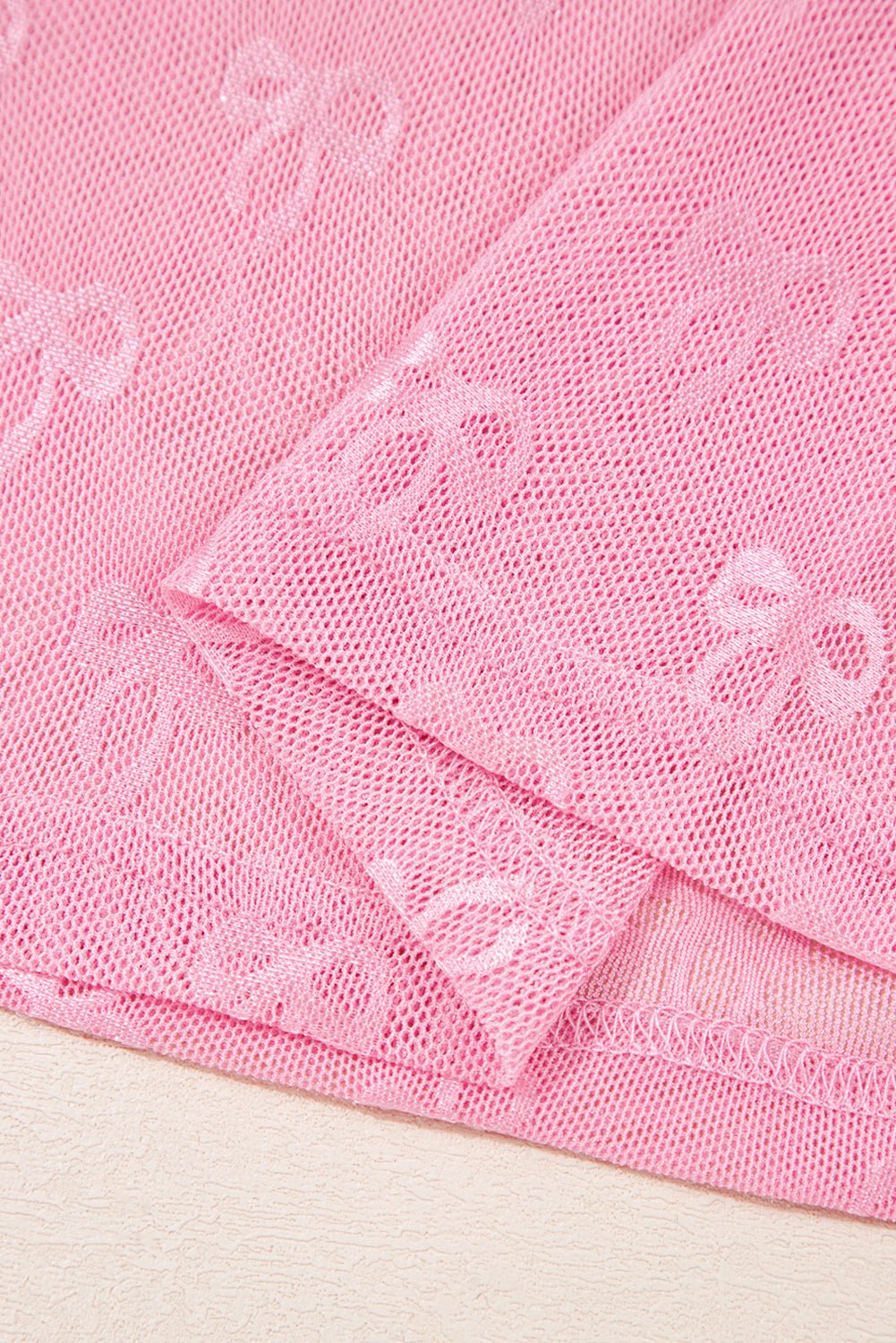 Pink Plus Size Bow Embroidered Mesh Long Sleeve Top