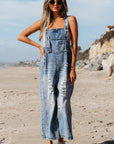 Baylor Distressed Bib Pocket Wide Leg Denim Overall