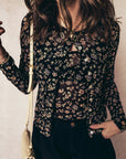 Black Floral Print Mesh Tank Button Front Slim Cardigan 2pcs Set