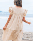 Floral Embroidered Pom Pom Ruffle Sleeve Dress