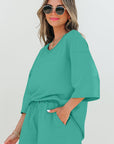 Solid Loose V-Neck Tee & Drawstring Shorts Set