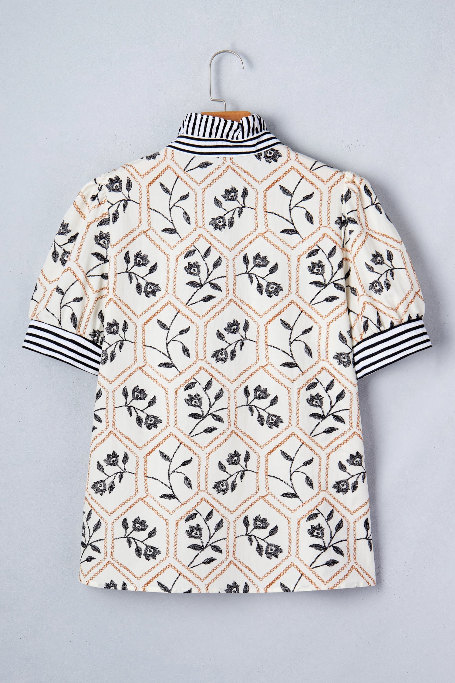 Floral Stripe Patchwork Ruffle Buttoned Short Sleeve Blouse