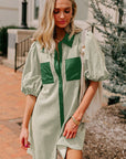 Stripe Patchwork Chest Pocket Mini Shirt Dress
