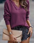 Solid Ribbed Drop Shoulder Hooded V-Neck Sweater
