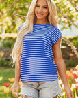 Stripe Ribbed Cap Sleeve Round Neck T-Shirt