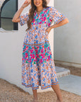 Floral Tie Split Neck Short Sleeve Dress