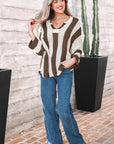 Colorblock Stripe V-Neck 3/4 Sleeve Sweater