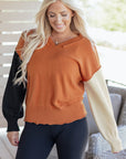 Colorblock Raw Edge Bubble Sleeve V-Neck Sweater
