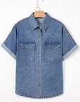 Denim Buttoned Flap Pocket Cuffed Short Sleeve Shirt
