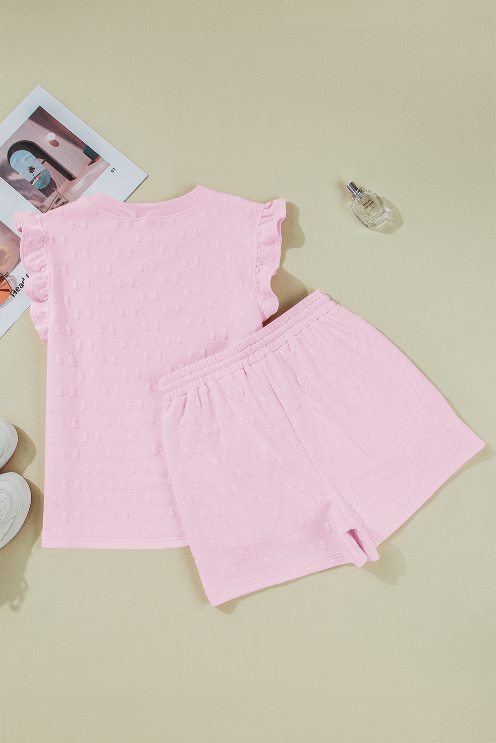 Ocean Bow Jacquard Ruffle Sleeve Short 2pcs Outfit