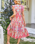 Tribal Paisley Ruffle Sleeve Notch Neck Midi Dress