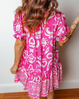 Boho Abstract Contrast Trim V-Neck Flared Dress