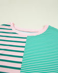 Green Stripe Color Block Exposed Seam Side Slit Plus Size Sweatshirt