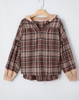 Plaid Quarter-Button Patchwork Long Sleeve Hooded Blouse
