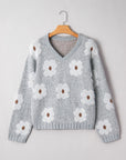 Floral V-Neck Drop Shoulder Baggy Sweater