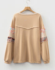 Khaki Exposed Seam Floral Mixed Patchwork Relaxed Plus Size Top