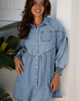 Molly Smocked Cuffs Flared Denim Shirt Mini Dress