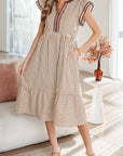Stripe Ruffle Short Sleeve V-Neck Midi Dress