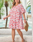 Plus Size Floral Ruffle 3/4 Sleeve V-Neck Dress
