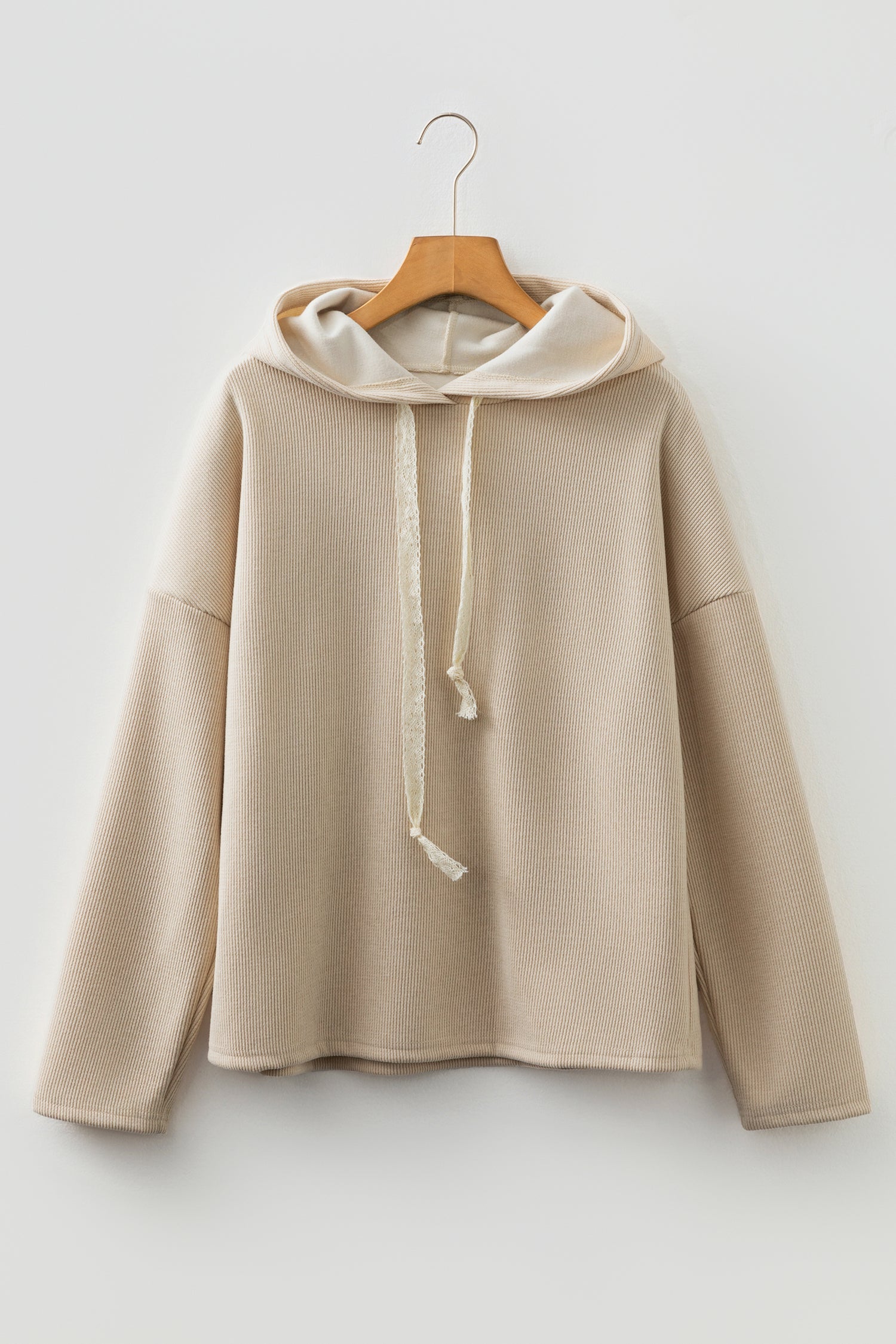 Ribbed Knit Leopard &amp; Lace Drawstring Hoodie