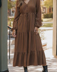 Solid Buttoned V-Neck Long Sleeve Tiered Maxi Dress