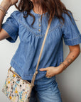 Denim Pleated Half Buttoned Short Sleeve Top