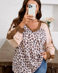 Plus Size Leopard Colorblock Ribbed V-Neck Pullover
