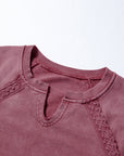 Lace Patchwork Mineral Wash Notched Neck Sweatshirt