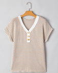 Stripe Button Front V-Neck Knitted T-Shirt