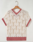 Flower Embroidered Colorblock Edge Hollowed Sweater