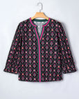 Floral Contrast V-Neck 3/4 Sleeve Blouse