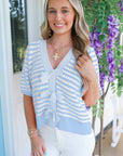 Stripe Bow Tie V-Neck Short Sleeve Sweater