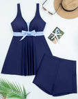 Floral Colorblock Patchwork Bow Sleeveless Swim Dress