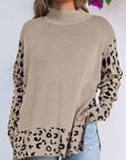 Sarai Leopard High Neck Side Slit Oversized Sweater