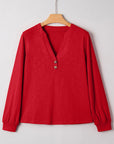 Solid V-Neck Button Long Sleeve Top