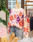 Floral Ribbed Trim Drop Shoulder Sweater