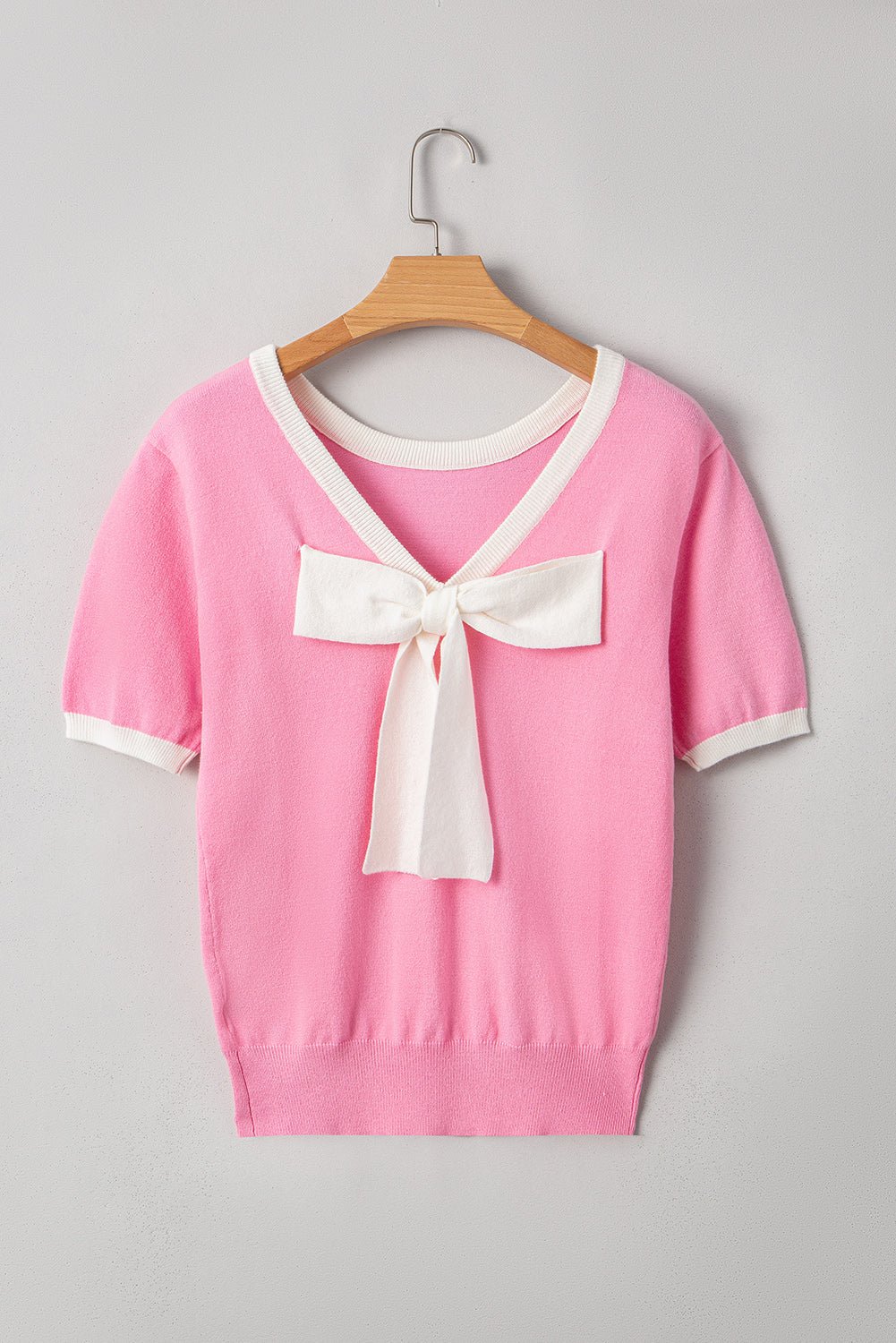 Mercy Bow V-Shape Cut Back Short Sleeve Sweater