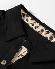 Black Contrast Leopard Print Patchwork Polo Collar Buttons Front Ruffled Long Sleeve Blouse