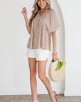 Stripe Shirred V-Neck Short Puff Sleeve Blouse