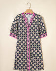 Floral Stripe Trim Short Sleeve Shift Dress