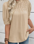 Eyelet Embroidered Patchwork Textured Ruffle Neck Blouse
