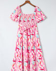 Abstract Brush Stroke Smocked Ruffle Tiered Dress