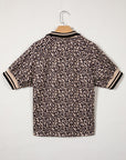 Leopard Half Zip Stripe Trim Short Sleeve Top