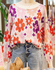 Floral Ribbed Trim Drop Shoulder Sweater
