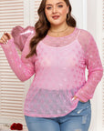Pink Plus Size Bow Embroidered Mesh Long Sleeve Top