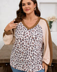 Plus Size Leopard Colorblock Ribbed V-Neck Pullover