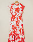 Floral Trim V-Neck Ruffle Sleeve Midi Dress